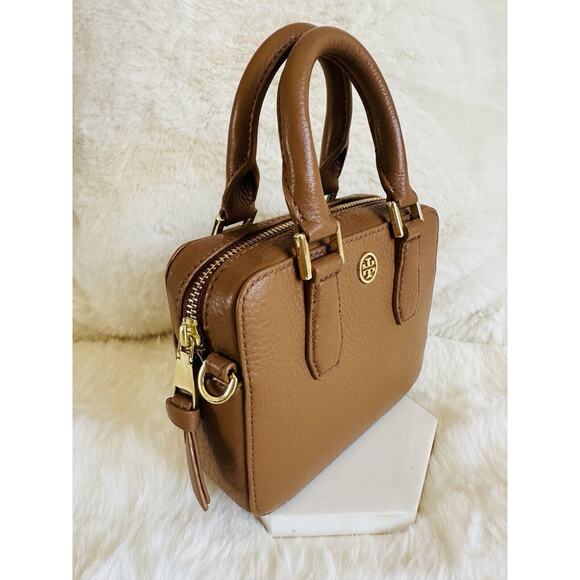 NWT Tory burch Mini Landon Boxy Satchel Crossbody Handbag Brown Leather Bark - Picture 4 of 10